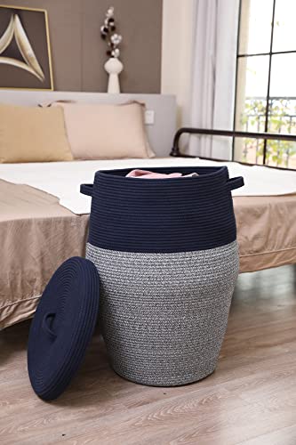 26"x20" Handcrafted Tall Cotton Rope Basket with Lid, Stylish Flagon Shape with Cover, Clothes Hamper with Top, for Bedroom and Living Room, Dark Blue Mix - color: Dark Blue Mix