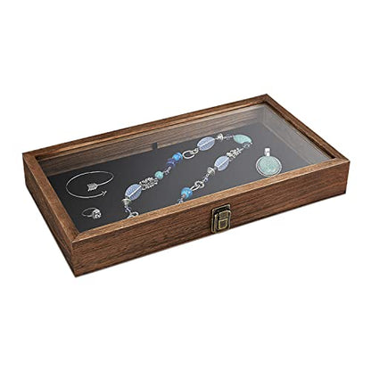 MOOCA Wood Jewelry Display Case with Tempered Glass Top, Black Velvet Pad - color: 1) Brown