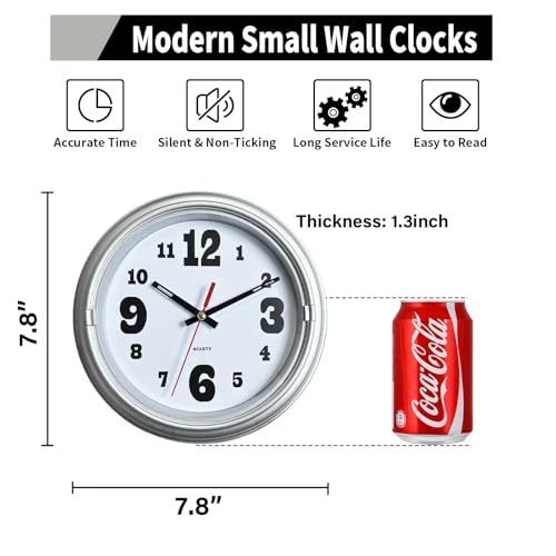 WANGIRO 8" Compact Wall Clock Silent Non-Ticking Battery Powered Silver - color: Silver