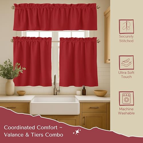 Native Fab 3 Pieces Window Curtain Tiers 26"x36" and Valance 54"x18" Set - Rod Pocket - Semi Sheer - Short Curtain for Kitchen, Bathroom, Living Room - Red - color: Red
