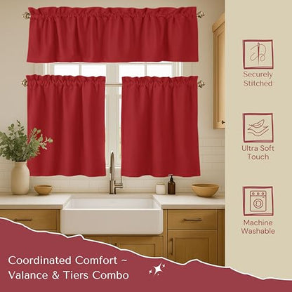 Native Fab 3 Pieces Window Curtain Tiers 26"x36" and Valance 54"x18" Set - Rod Pocket - Semi Sheer - Short Curtain for Kitchen, Bathroom, Living Room - Red - color: Red