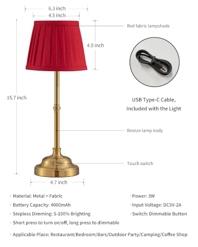 KDG Gold Cordless LED Table Lamps Set of 2, Red Fabric Shade Desk Lamps - color: Gold + Red Lampshade (2 Pack)