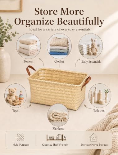 Wicker Storage Baskets, 4 Pack Woven Baskets for Shelves, Yellow - color: Rectangle Yellow