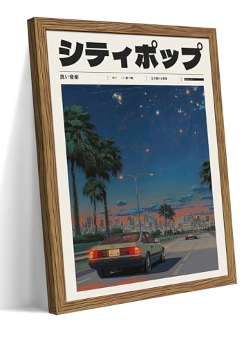 Vintage Japanese Wall Art, 90s Vaporwave Aesthetic Canvas Wall Decor Painting, Modern City Pop Music Artwork Prints Pictures for Bedroom Living Room 12x16 Inch Wood Framed - color: Japanese-Style Night View, size: 16"L x 12"W