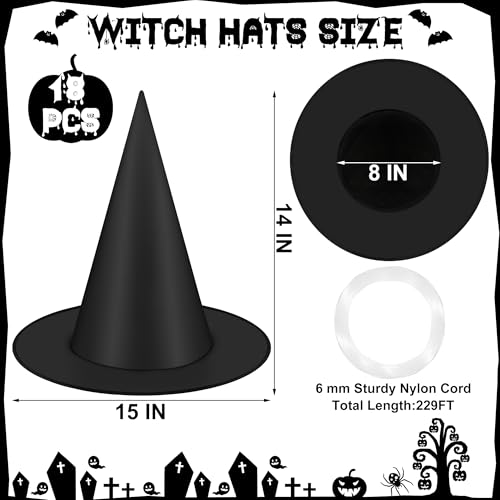 18Pcs Black Witch Hats, Thickened Hanging Witch Hat, Halloween Decor - style: 18pcs