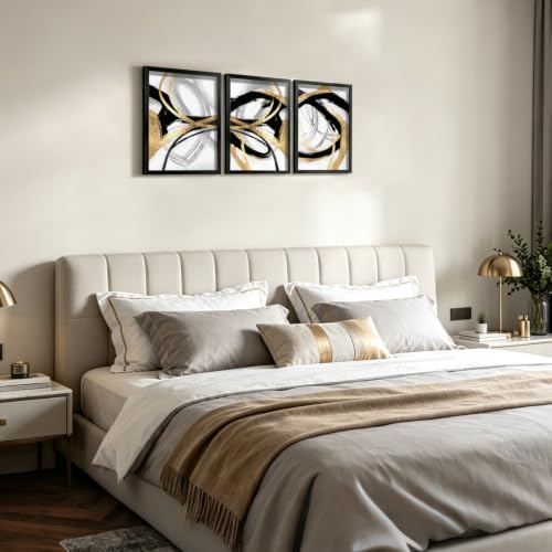 LYYGLYY 3Pcs Black Framed Black Gold and White Canvas Wall Art 12x16 Inches - color: Black Frame Dancing Lines, size: 12x16 Inches