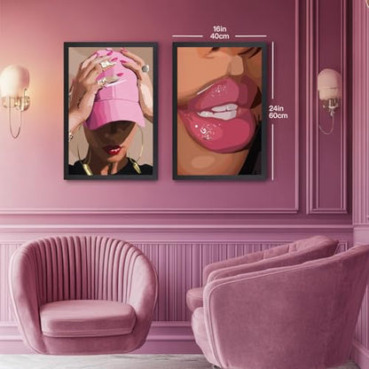 Hianan Wood Framed Fashion Pink Black Girl Wall Art Set of 3, 16x24 in - color: Pink(Wood), size: 24"L x 16"W