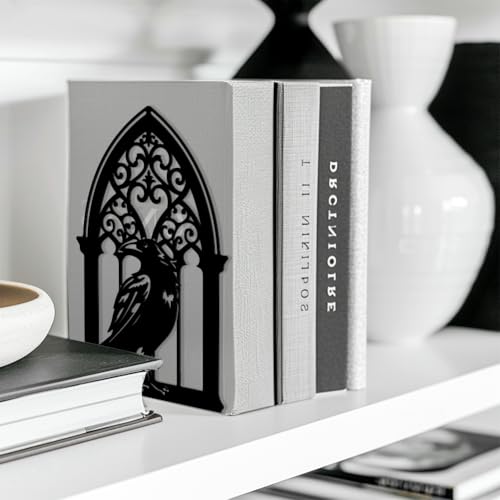 Peacoblue 5.3"x4.3"x7.9" Metal Bookends, Heavy Duty Book Ends for Shelves - style: Gothic Crow