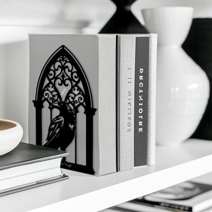 Peacoblue 5.3"x4.3"x7.9" Metal Bookends, Heavy Duty Book Ends for Shelves - style: Gothic Crow