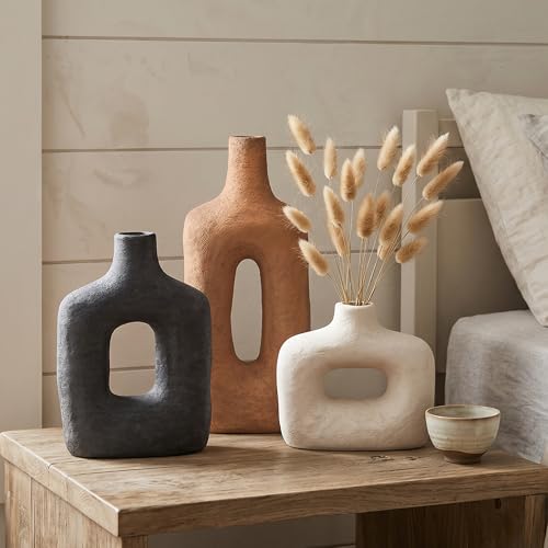 DREAMLOOM Ceramic Vase Set of 3, Black, Rust - color: Rust Red Combo - Hollow Design
