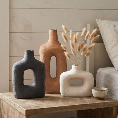 DREAMLOOM Ceramic Vase Set of 3, Black, Rust - color: Rust Red Combo - Hollow Design
