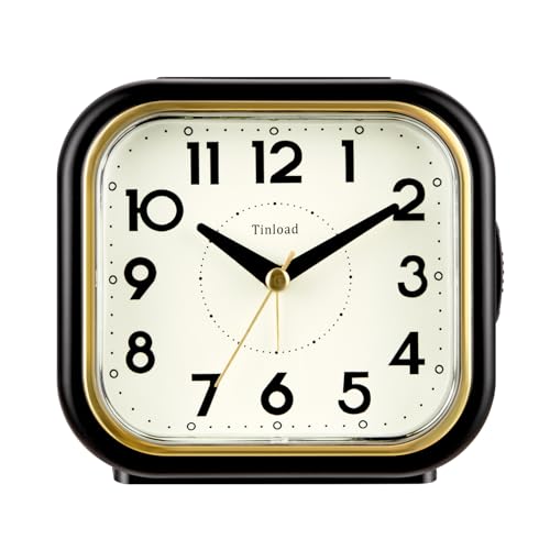 Tinload 4.3" Vintage Retro Analog Alarm Clock, Super Silent Non Ticking Clock with Manual Light, Snooze, Battery Operated, Simply Design, for Living Room, Bedroom, Bedside, Desk(Black-V2) - style: Black-Gold