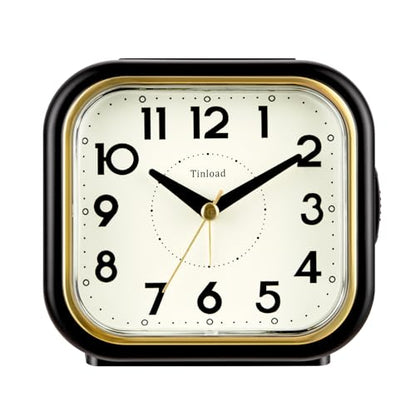Tinload 4.3" Vintage Retro Analog Alarm Clock, Super Silent Non Ticking Clock with Manual Light, Snooze, Battery Operated, Simply Design, for Living Room, Bedroom, Bedside, Desk(Black-V2) - style: Black-Gold