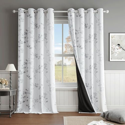 Beauoop Floral 100% Blackout Curtains Bedroom Grey White 52X108 2 Panels - color: Grommet | Grey, size: 52"W x 108"L (Pack of 2)