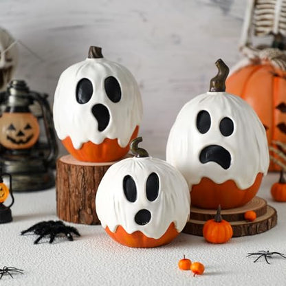 Halloscume 3 Pcs Halloween Ghost Pumpkins Figurines Resin Pumpkins Decor