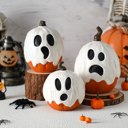 Halloscume 3 Pcs Halloween Ghost Pumpkins Figurines Resin Pumpkins Decor