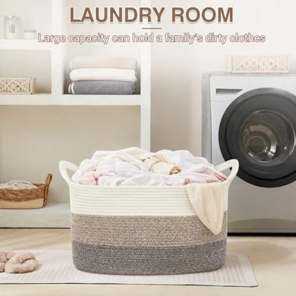 YOUDENOVA Large Blanket Basket, Rectangle Cotton Rope Storage Baske - color: White+Light Brown+Dark Brown
