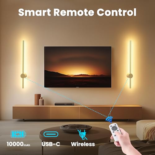 NIORSUN 24 Inch Battery Operated Wall Sconce Set of 2,Gold Minimalist Rechargeable LED Wall Lights with Remote, 10 Colors Dimmable Wireless Wall Lamp for Living Room Bedroom Hallway - color: Gold, size: 24 Inch