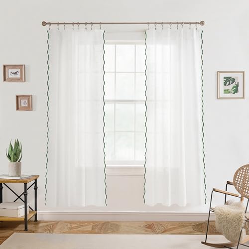 DriftAway Semi Sheer Scalloped Edge White Coastal Beach Window Curtains for Living Room Bedroom 2 Panels Rod Pocket Each Size 52 Inch by 72 Inch Loden Green - color: White Loden Green, size: 52"W x 72"L (Pack of 2)