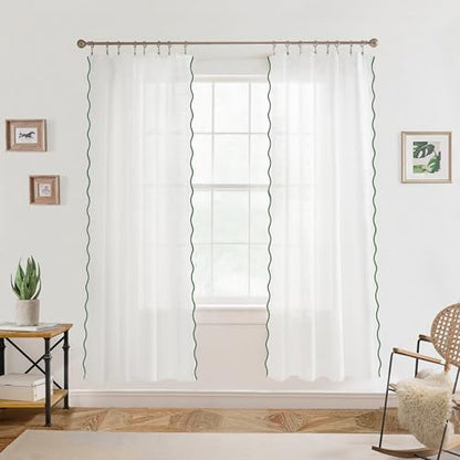DriftAway Semi Sheer Scalloped Edge White Coastal Beach Window Curtains for Living Room Bedroom 2 Panels Rod Pocket Each Size 52 Inch by 72 Inch Loden Green - color: White Loden Green, size: 52"W x 72"L (Pack of 2)
