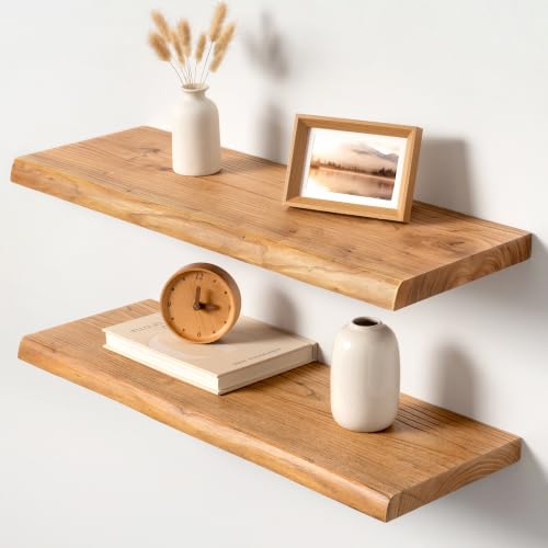 24 Inch Live Edge Floating Shelves Set of 2, Solid Elm Wood Ledge - color: Artisan Natural, size: 24 Inch | 2 Pack