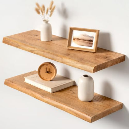 24 Inch Live Edge Floating Shelves Set of 2, Solid Elm Wood Ledge - color: Artisan Natural, size: 24 Inch | 2 Pack