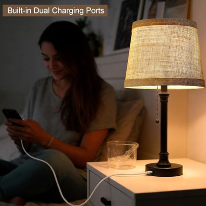 Oneach 19.5" Small Table Lamp for Bedroom, Rustic Black Lamp, USB A+C - color: Matte Black