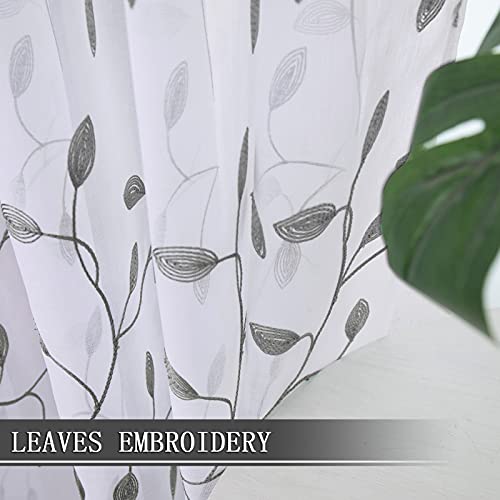 Tollpiz Leaves Sheer Tier Curtain Grey Leaf Embroidery Kitchen Half Curtains Rod Pocket Voile Faux Linen Embroidered Leaves Curtain for Bathroom, 30 x 36 inches Long, Set of 2 Panels - color: Grey, size: 30"W x 36"L (Pack of 2)