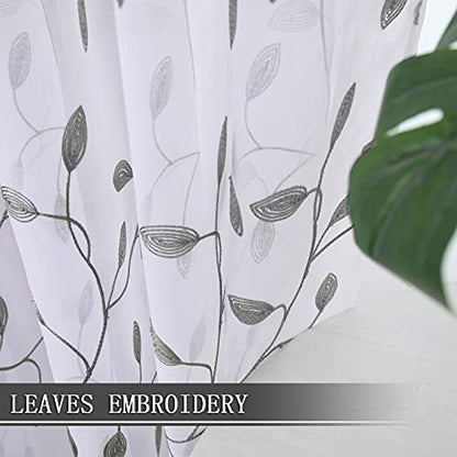 Tollpiz Leaves Sheer Tier Curtain Grey Leaf Embroidery Kitchen Half Curtains Rod Pocket Voile Faux Linen Embroidered Leaves Curtain for Bathroom, 30 x 36 inches Long, Set of 2 Panels - color: Grey, size: 30"W x 36"L (Pack of 2)