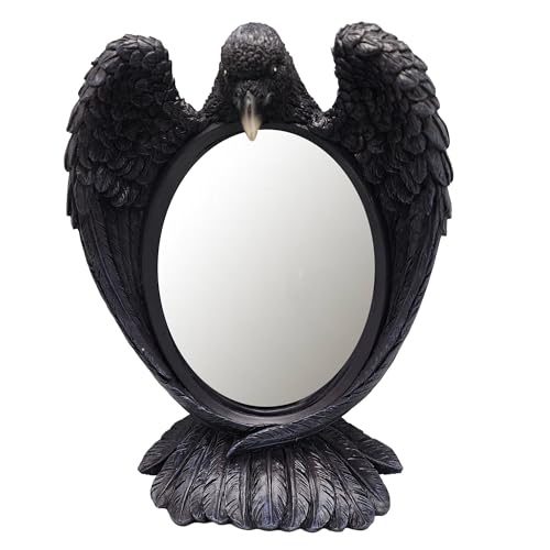 Raven Mirror – 12 Inch Hand-Painted Cold Cast Resin Gothic Raven Tabletop Mirror, Freestanding Decorative Vanity Mirror for Home Décor