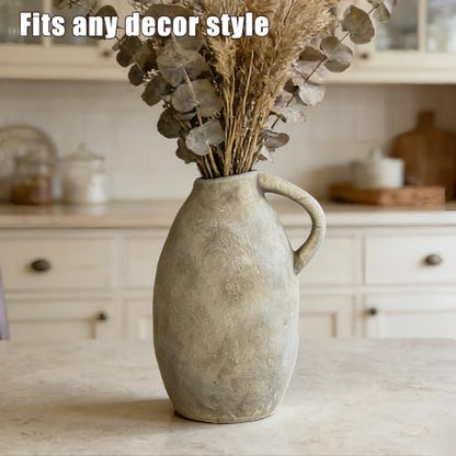 Rustic Ceramic Vase with Handle, 10.3 Inch, Farmhouse Decor, Beige - color: Beige