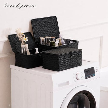 Nonam Wicker Storage Basket with Lid,Seagrass Shelf Basket Set of 3,Black - color: Standard Black* Set of 3