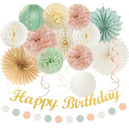 Sage-Green Blush-Pink Beige Birthday Party-Decorations - 21pcs Happy Banner,Cream Light Dusty Pink Paper Lanterns Pom Poms,Rustic Boho Neutral Streamers Garland,Women Girls Decor Supplies Huglony - color: Sage-green Blush-pink Beige