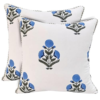 ATOSII Cotton Blockprint Throw Pillow Cover, Poppy Blue, Set of 2, 18 X 18 - color: Poppy Blue, size: 18" x 18" (Pack of 2)