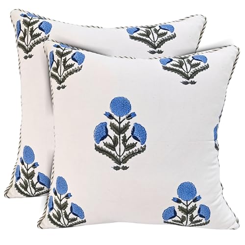 ATOSII Cotton Blockprint Throw Pillow Cover, Poppy Blue, Set of 2, 20 X 20 - color: Poppy Blue, size: 20" x 20" (Pack of 2)