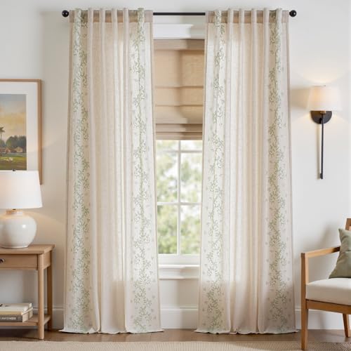 jinchan Floral Linen Curtains, Back Tab 50x96 Inch, 2 Panels Sage - color: Vine | Sage, size: 50"W x 96"L (Pack of 2)