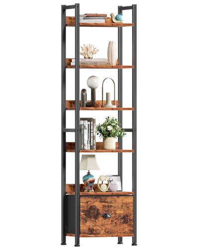 Furologee 6 Tier Bookshelf with Drawer, Tall Narrow Bookcase, Rustic Brown - color: Rustic Brown, size: 6 Tier