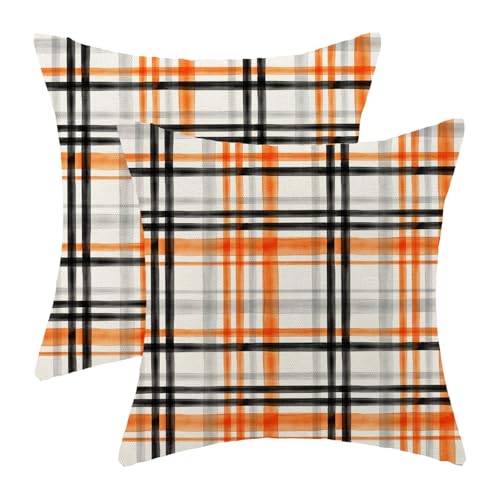 Fall Decor Pillow Covers 18x18 Inch Set of 2 Orange Black Plaid Throw Pillow Covers Outdoor Autumn Thanksgiving Decoration Pillowcase Farmhouse Decorative Linen Cushion Cover for Home Couch - color: Orange Black-plaid, size: 18" x 18" (Pack of 2)