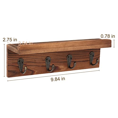 Key Holder Wall Mount, Farmhouse Wall Shelf with 4 Hooks for Entryway - color: Brown - Pine