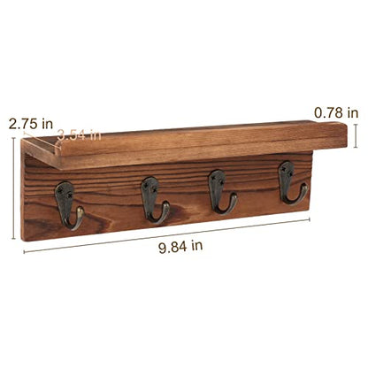 Key Holder Wall Mount, Farmhouse Wall Shelf with 4 Hooks for Entryway - color: Brown - Pine