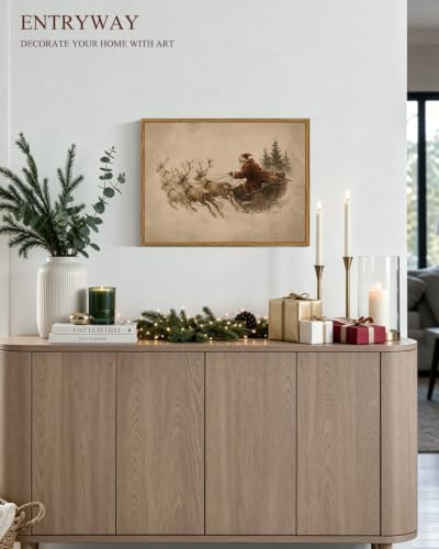ARPEOTCY Vintage Winter Christmas Framed Wall Art, Santa Reindeer, 12x16In - color: Christmas Reindeer Sled, size: 16"L x 12"W