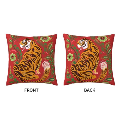 Tiger Folk Art Red Velvet Throw Pillow Covers 18x18Inch - color: Color-8, size: 18" x 18" (Pack of 1)
