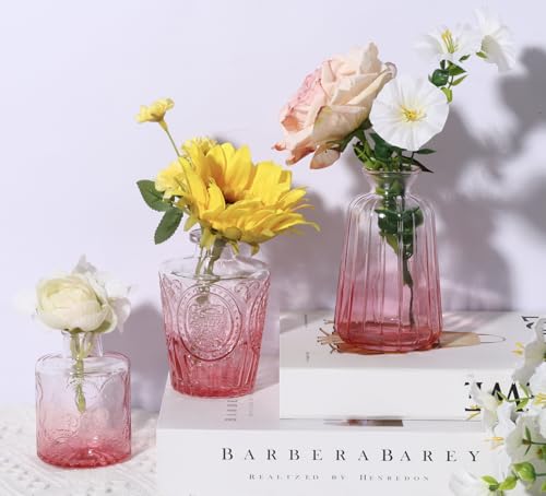 18pcs Pink Glass Bud Vase Set, Small Flower Vases for Centerpieces in Bulk - color: Pink, size: 18pcs