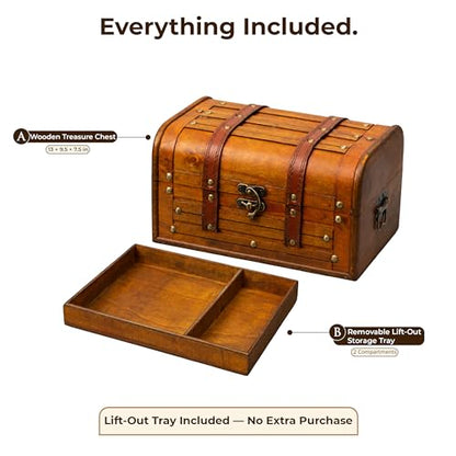 Wooden Treasure Chest with Removable Tray, Pirate Box, Medium 10.5x7x6 in