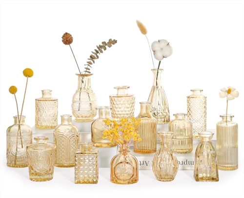 SUPMIND 16Pcs Amber Bud Vases Set, Small Glass Vases Bulk for Centerpieces - color: Goldamber