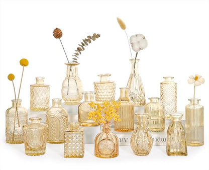 SUPMIND 16Pcs Amber Bud Vases Set, Small Glass Vases Bulk for Centerpieces - color: Goldamber