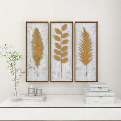 Deco 79 Metal Leaf Home Wall Decor Framed 3D Wall Sculpture with Distressed Wood Backing, Set of 3 Wall Art 12"W, 32"H, Gold - size: 12"L x 2"W