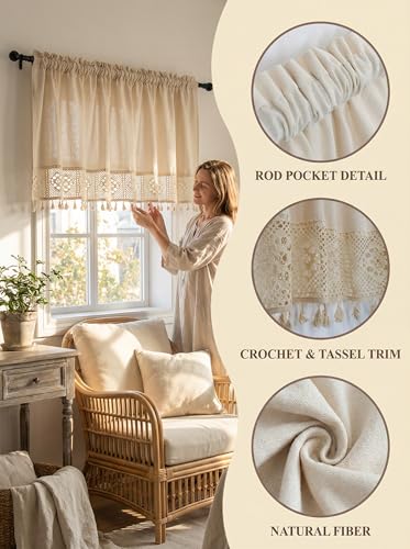 Molaxhome Linen Valances for Windows Boho Kitchen Valance Window Treatments - color: Beige, size: 59"W x 24"L (Pack of 1)
