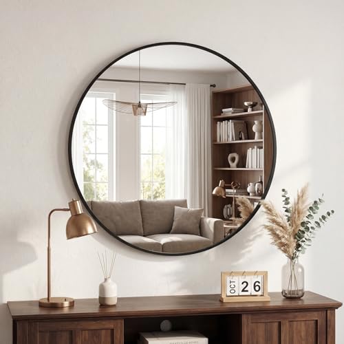 DUMOS 28 Inch Round Wall Mirror, Bathroom Mirrors for Over Sink - color: Black-basic, size: 28"L x 28"W