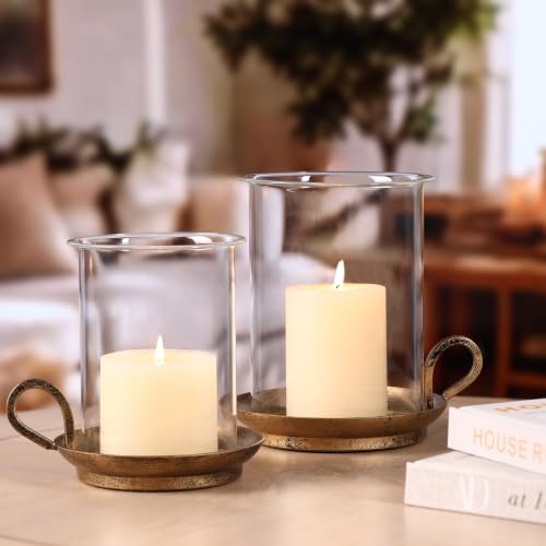 Vintage Cast Iron Hurricane Glass Candle Holder for Pillar Candles Set of 2